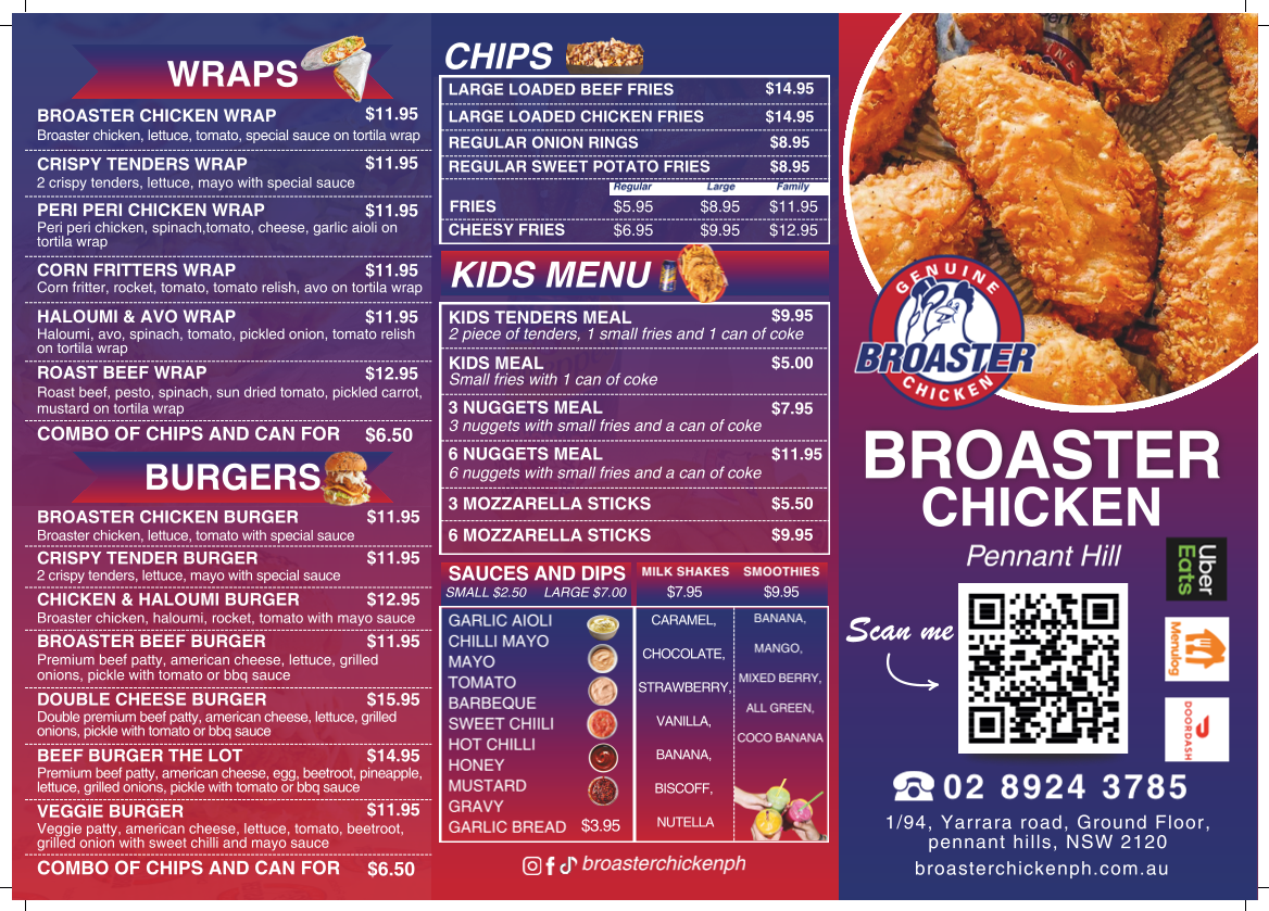Menu, Broaster Chicken Pennant Hills