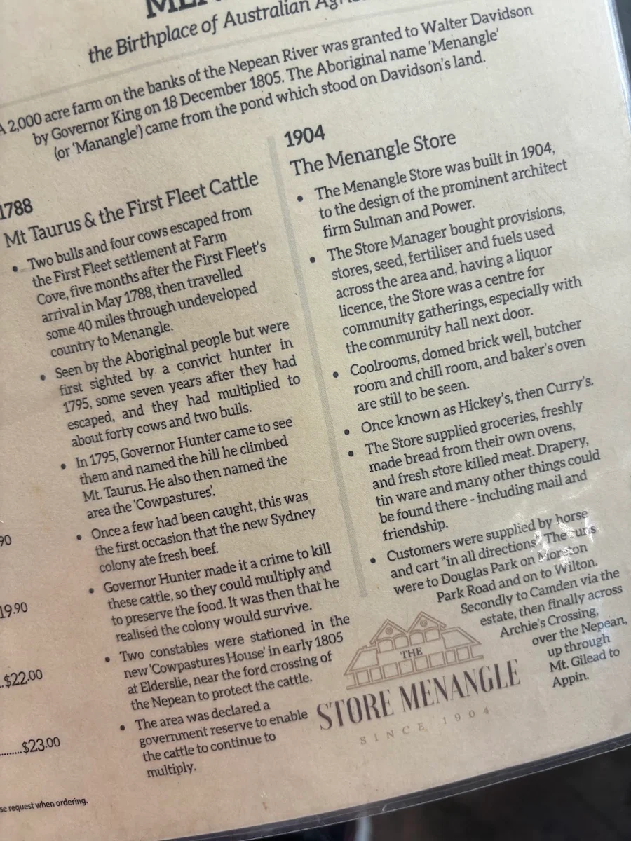 Menu, The Menangle Store