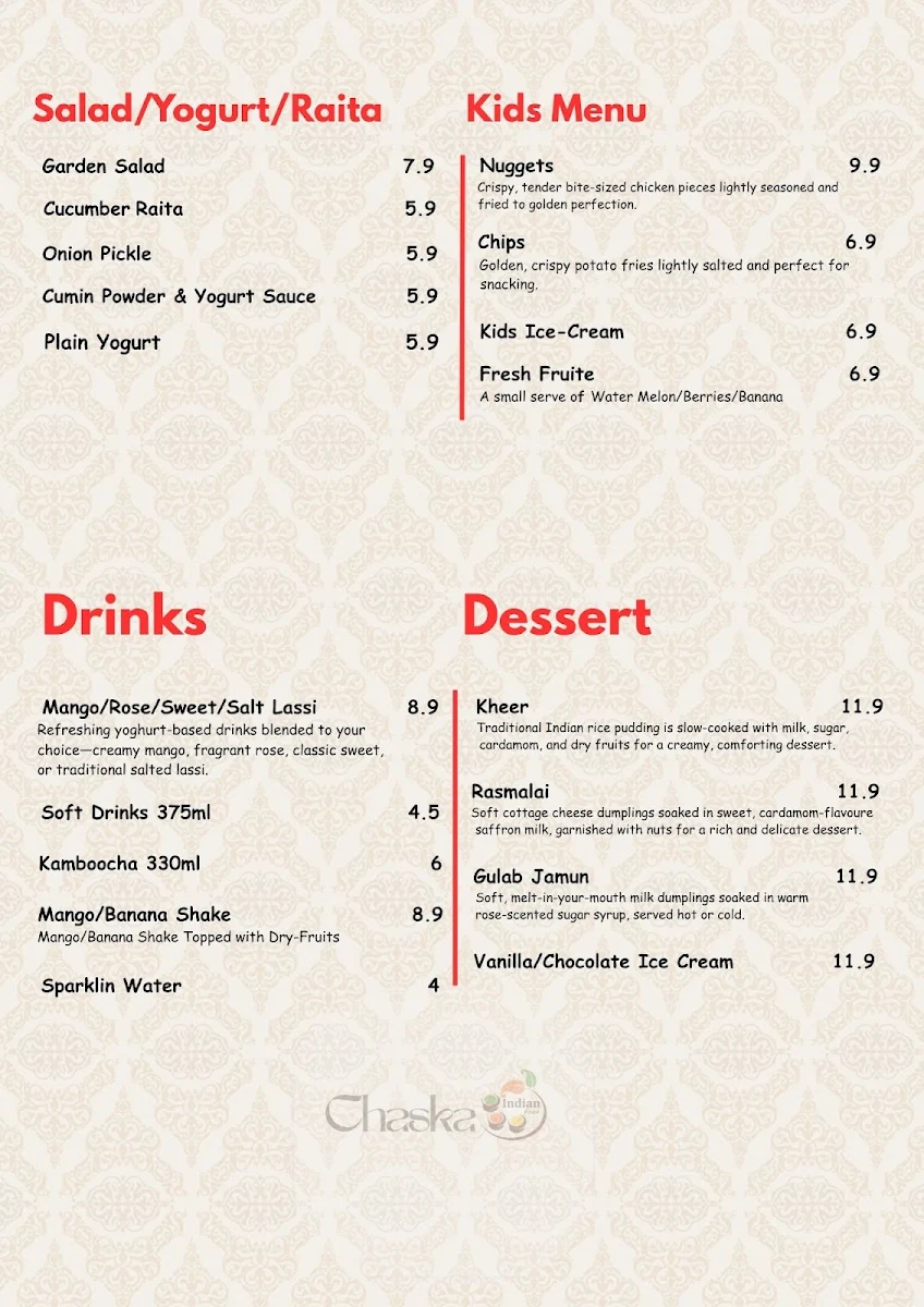Menu, Chaska Indian Cuisine Rockhampton