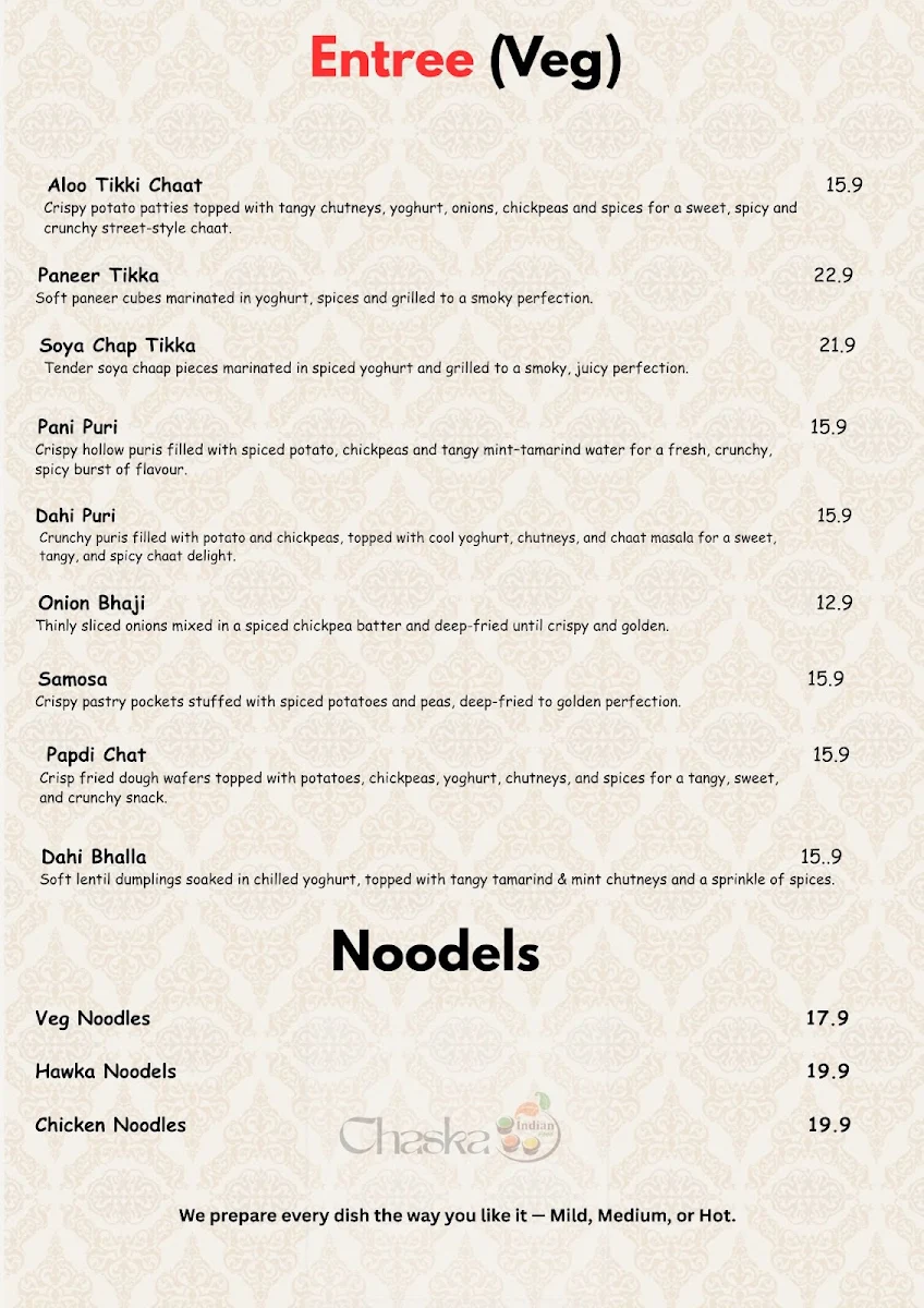 Menu, Chaska Indian Cuisine Rockhampton