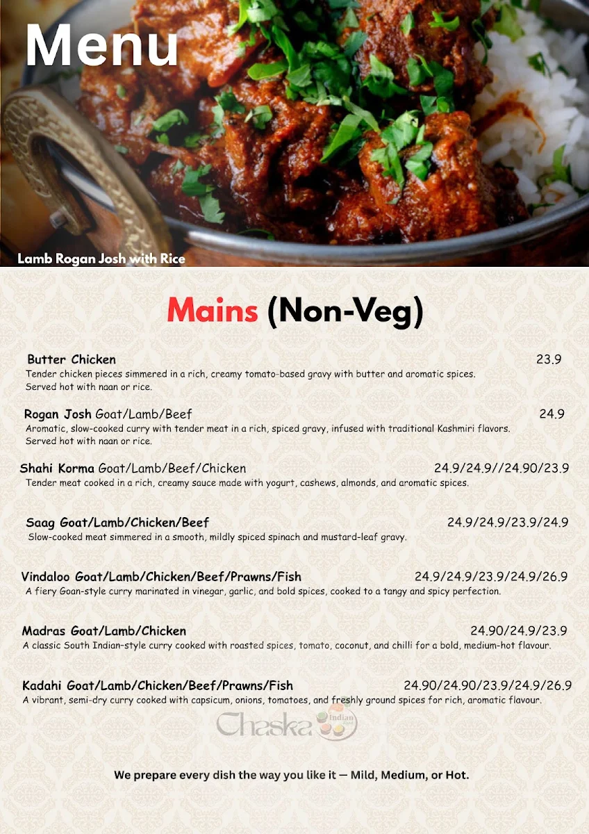 Menu, Chaska Indian Cuisine Rockhampton