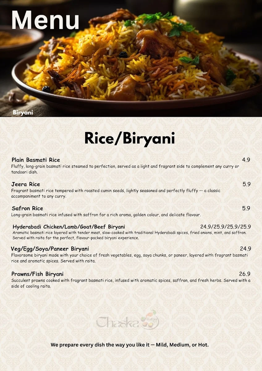 Menu, Chaska Indian Cuisine Rockhampton