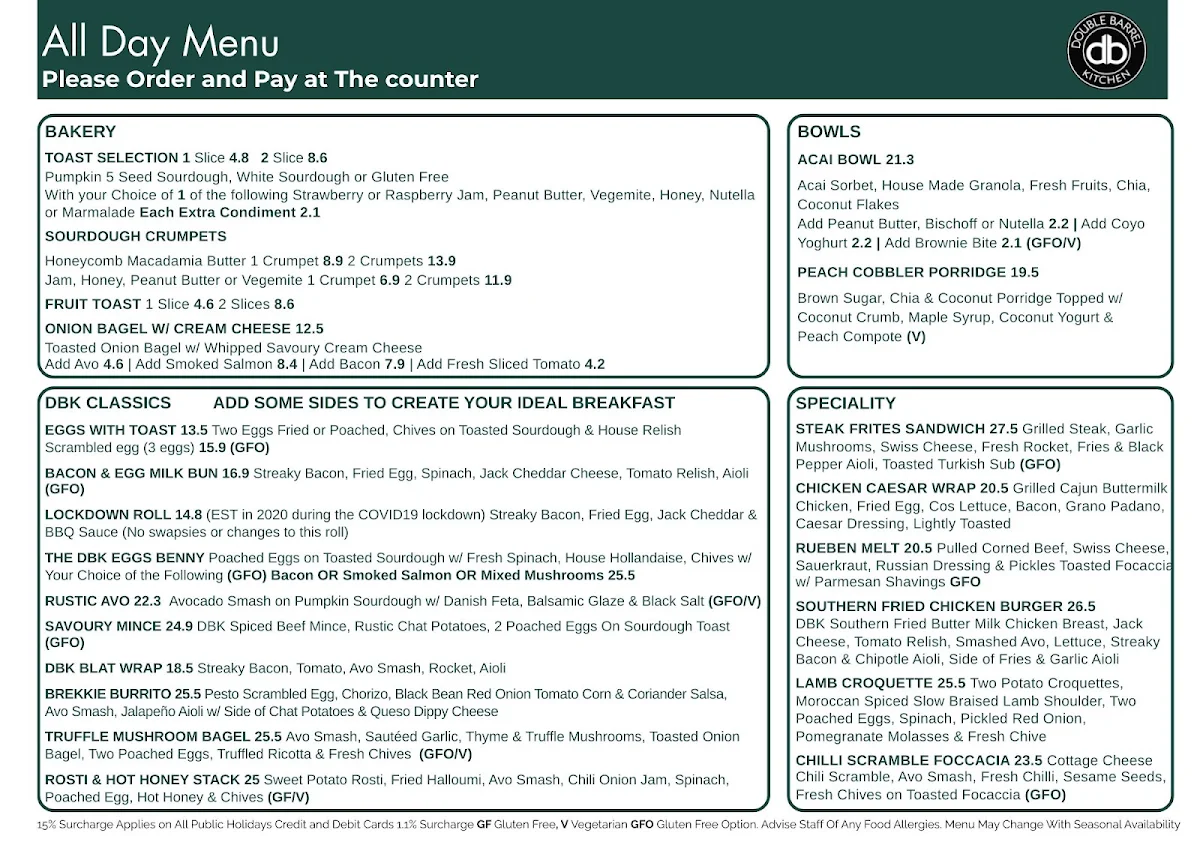 Menu, Double Barrel Kitchen