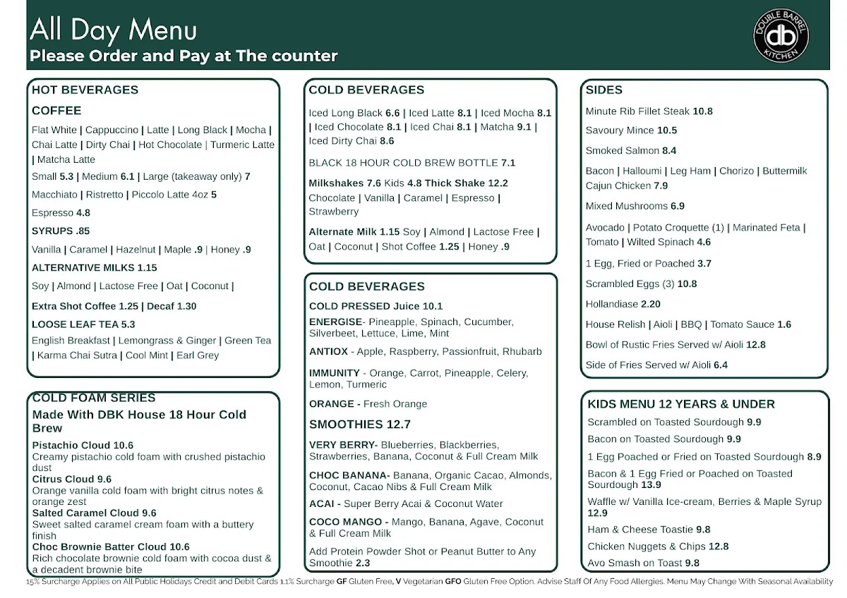 Menu, Double Barrel Kitchen