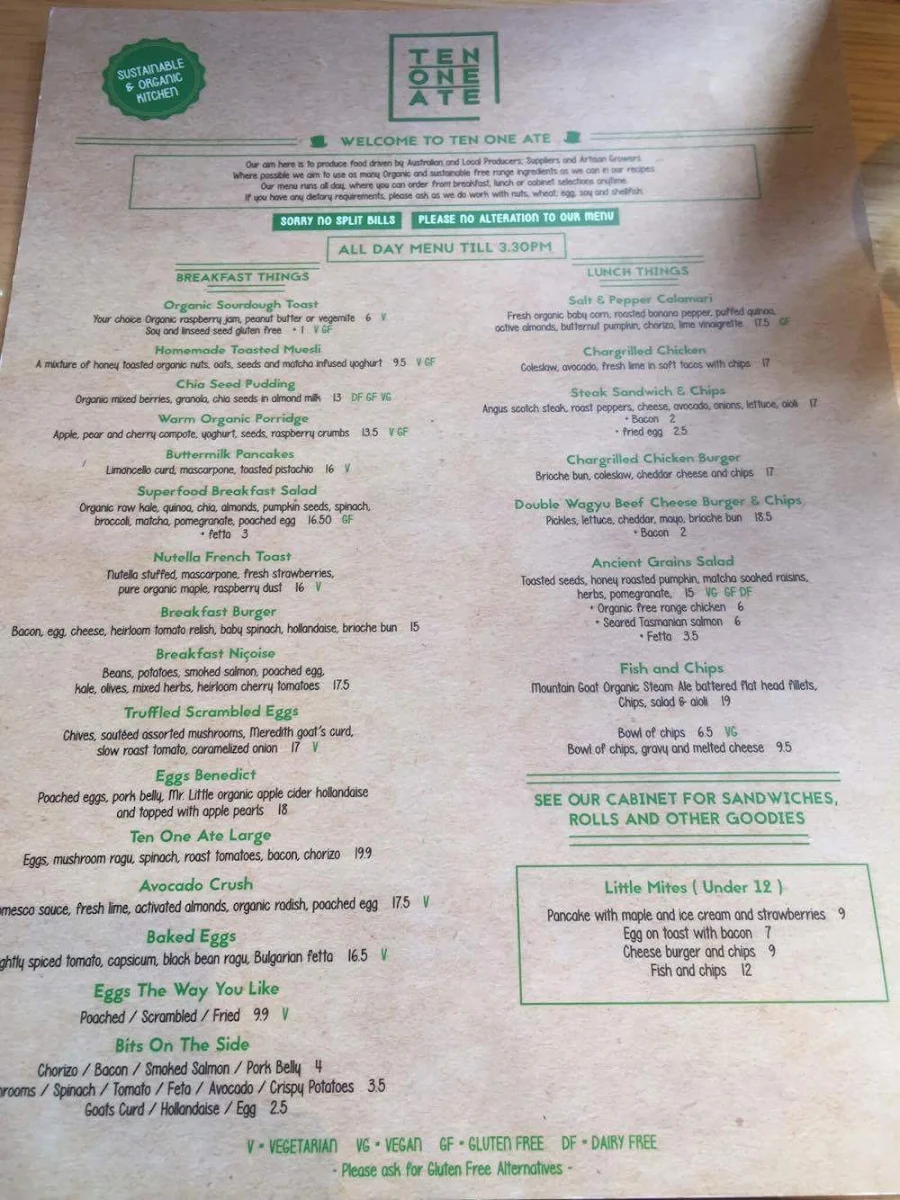 Menu, Ten One Ate cafe