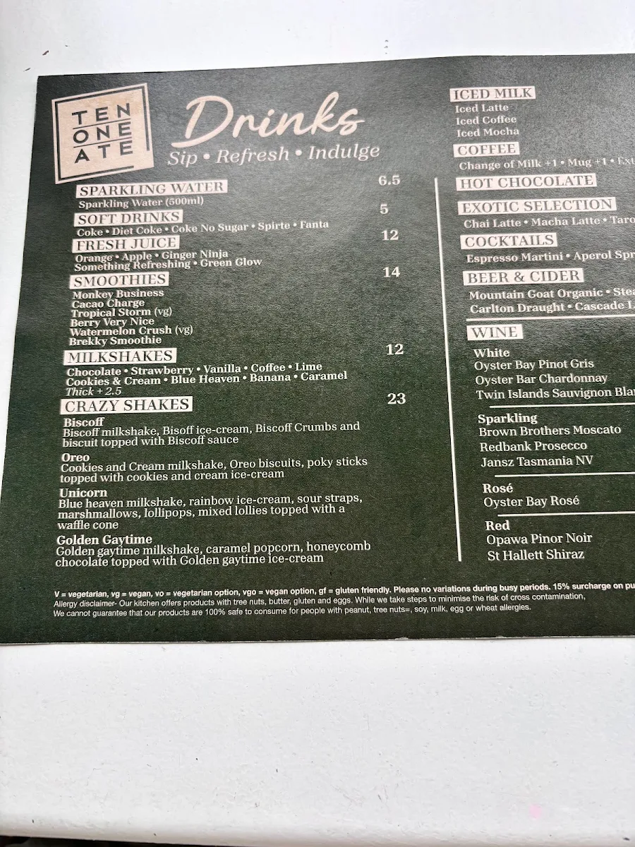 Menu, Ten One Ate cafe