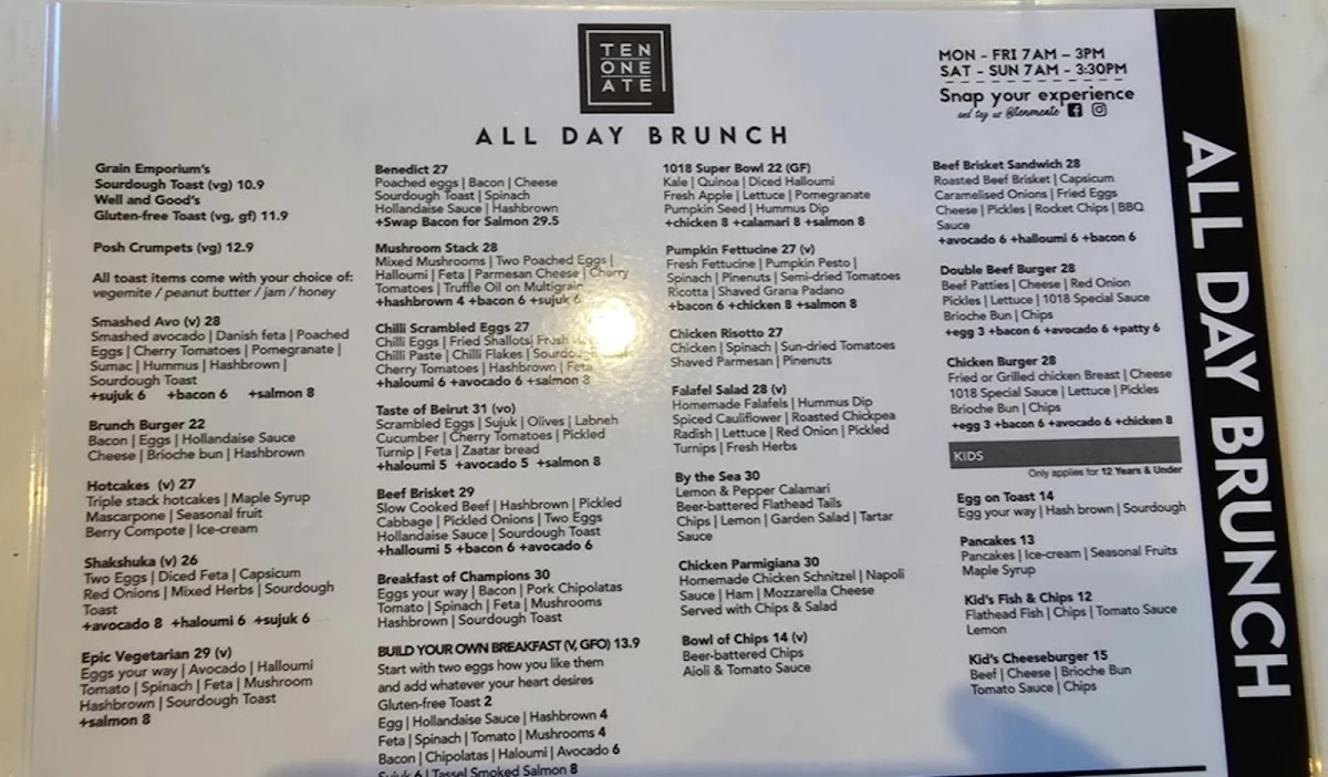 Menu, Ten One Ate cafe