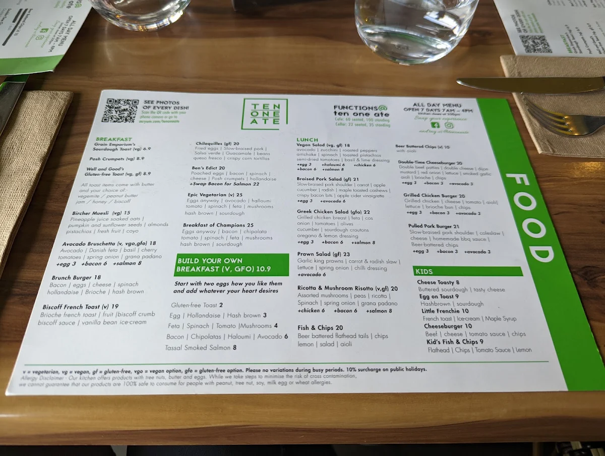 Menu, Ten One Ate cafe