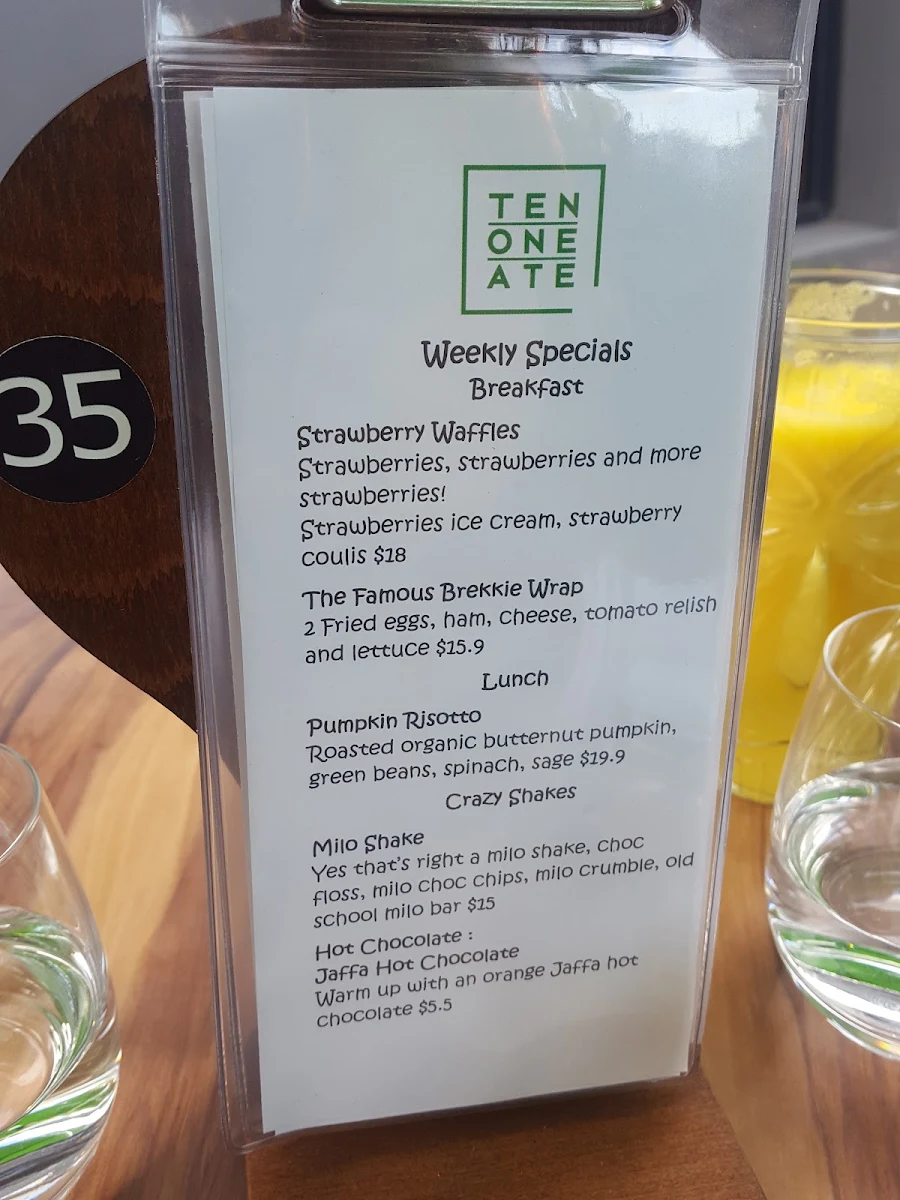 Menu, Ten One Ate cafe