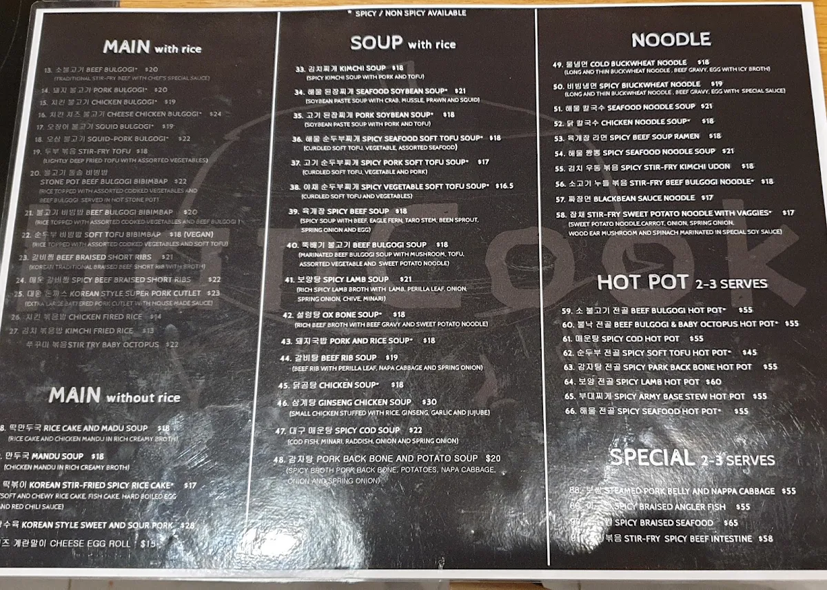 Menu, Hancook Yori