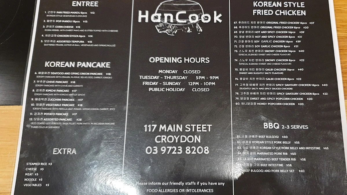 Menu, Hancook Yori