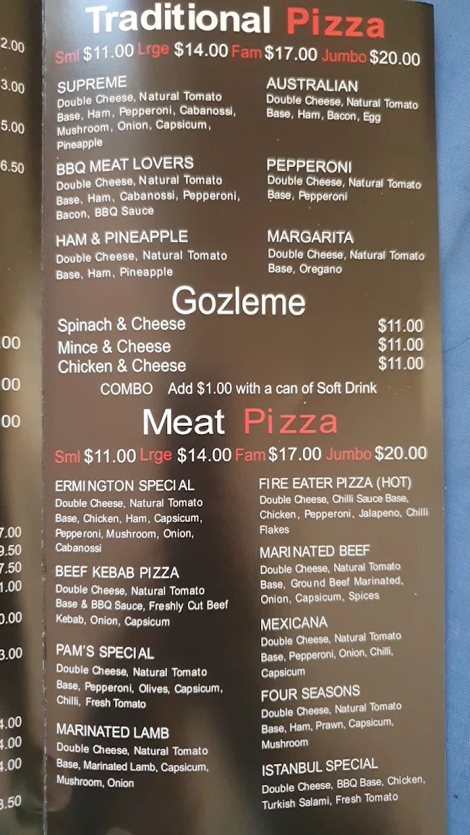 Menu, OZ Pizza & Kebabs Ermington