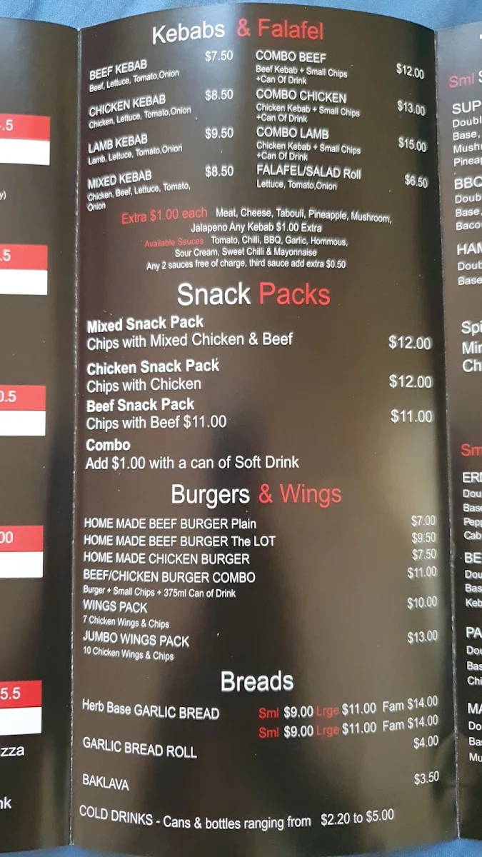 Menu, OZ Pizza & Kebabs Ermington