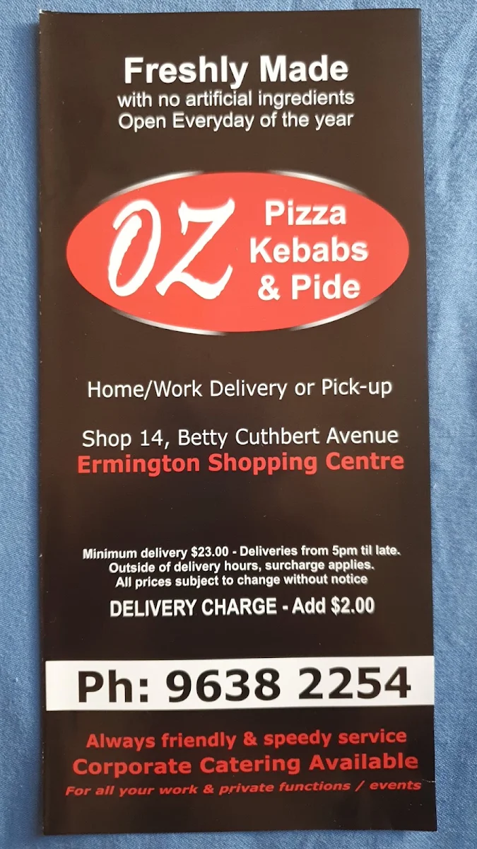 Menu, OZ Pizza & Kebabs Ermington