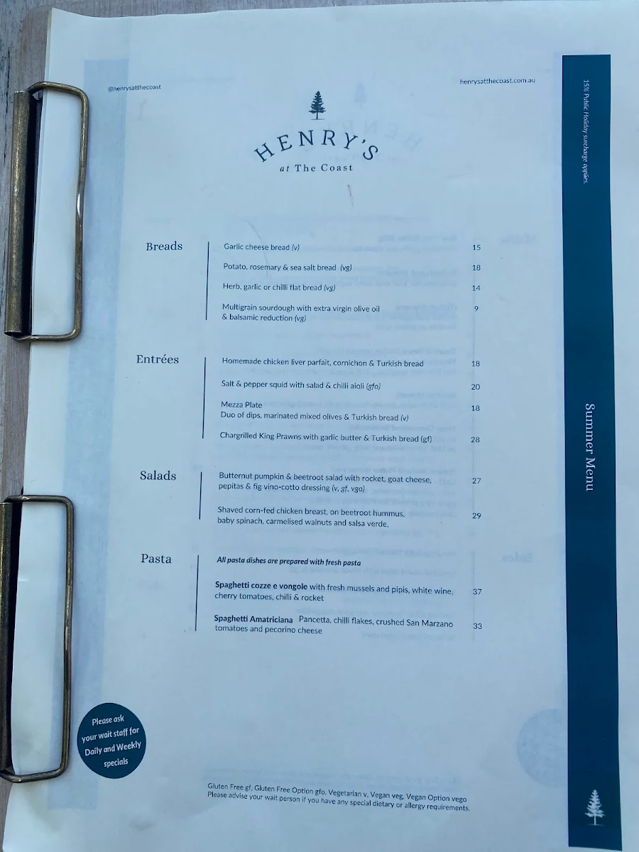 Menu, Henry's At The Coast