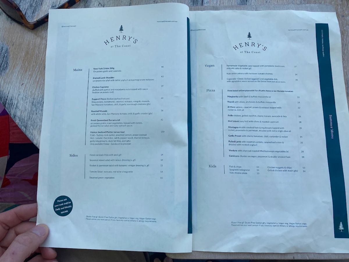 Menu, Henry's At The Coast