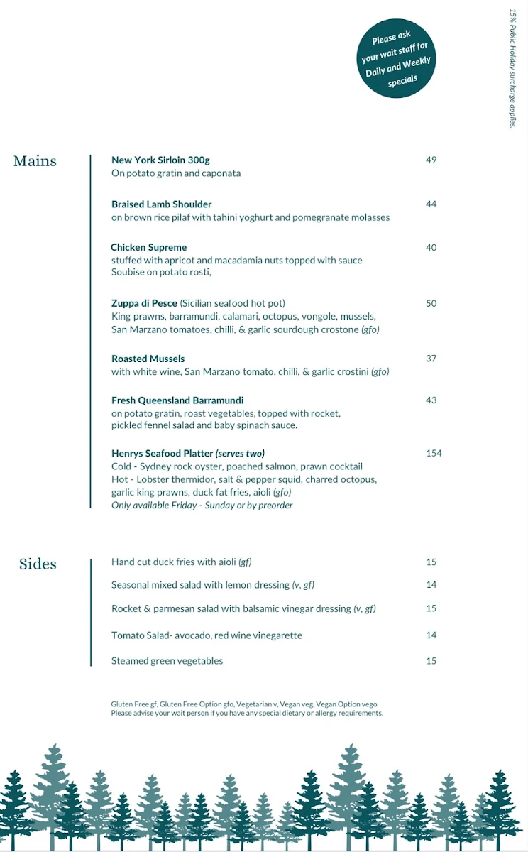 Menu, Henry's At The Coast