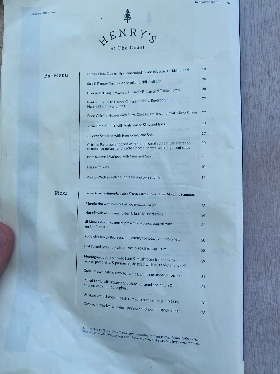 Menu, Henry's At The Coast