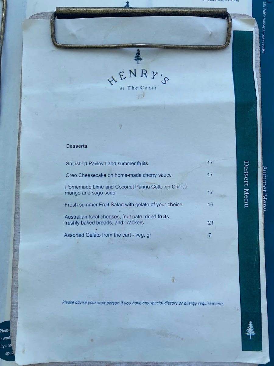 Menu, Henry's At The Coast