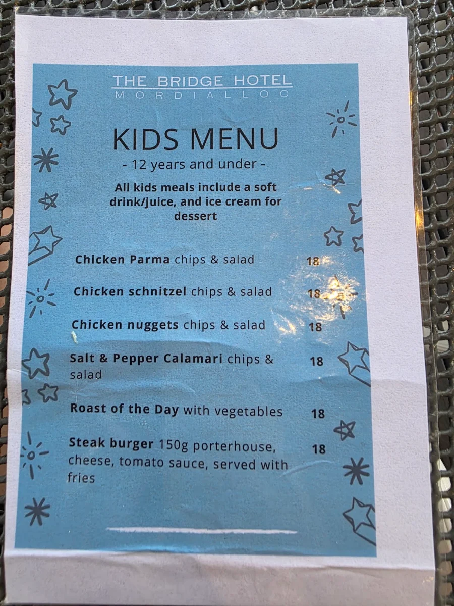 Menu, The Bridge Hotel Mordialloc