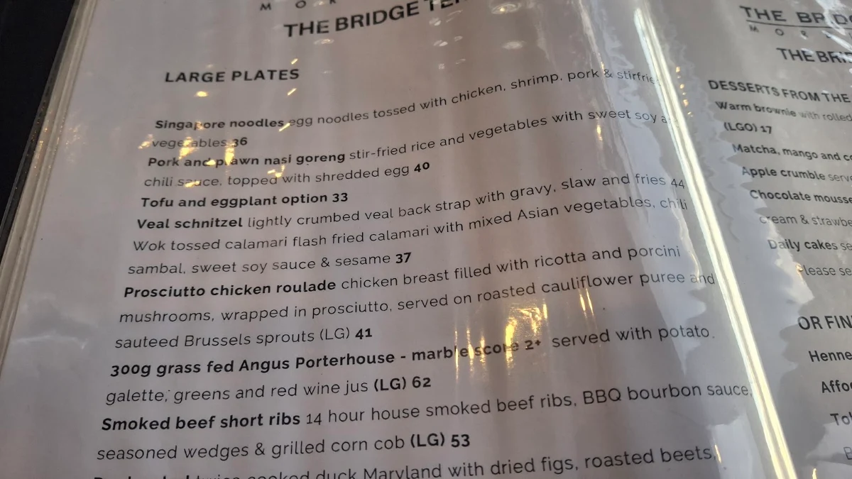 Menu, The Bridge Hotel Mordialloc
