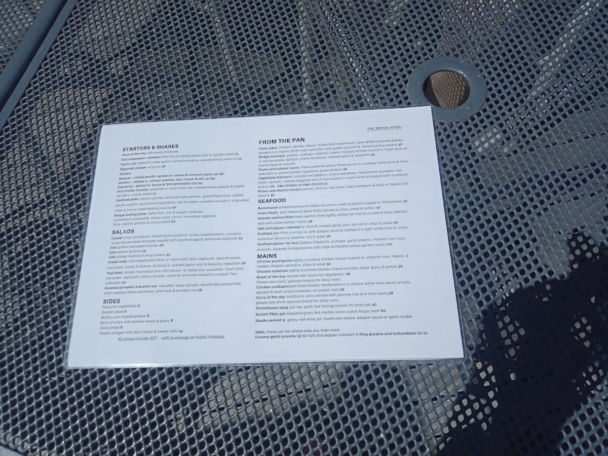 Menu, The Bridge Hotel Mordialloc