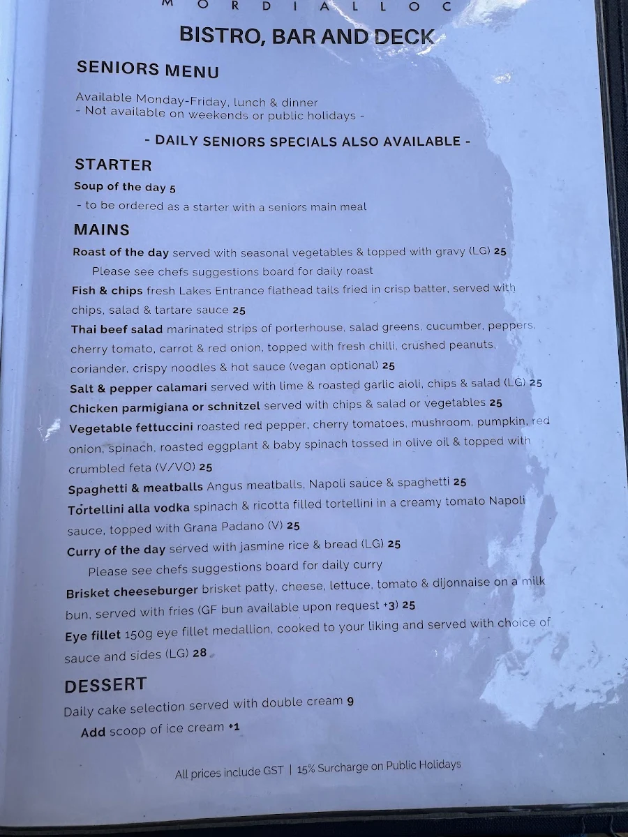 Menu, The Bridge Hotel Mordialloc