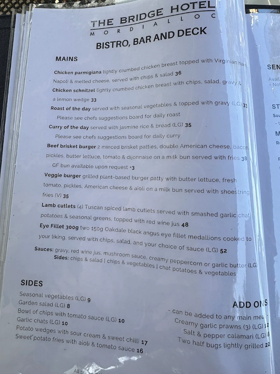 Menu, The Bridge Hotel Mordialloc