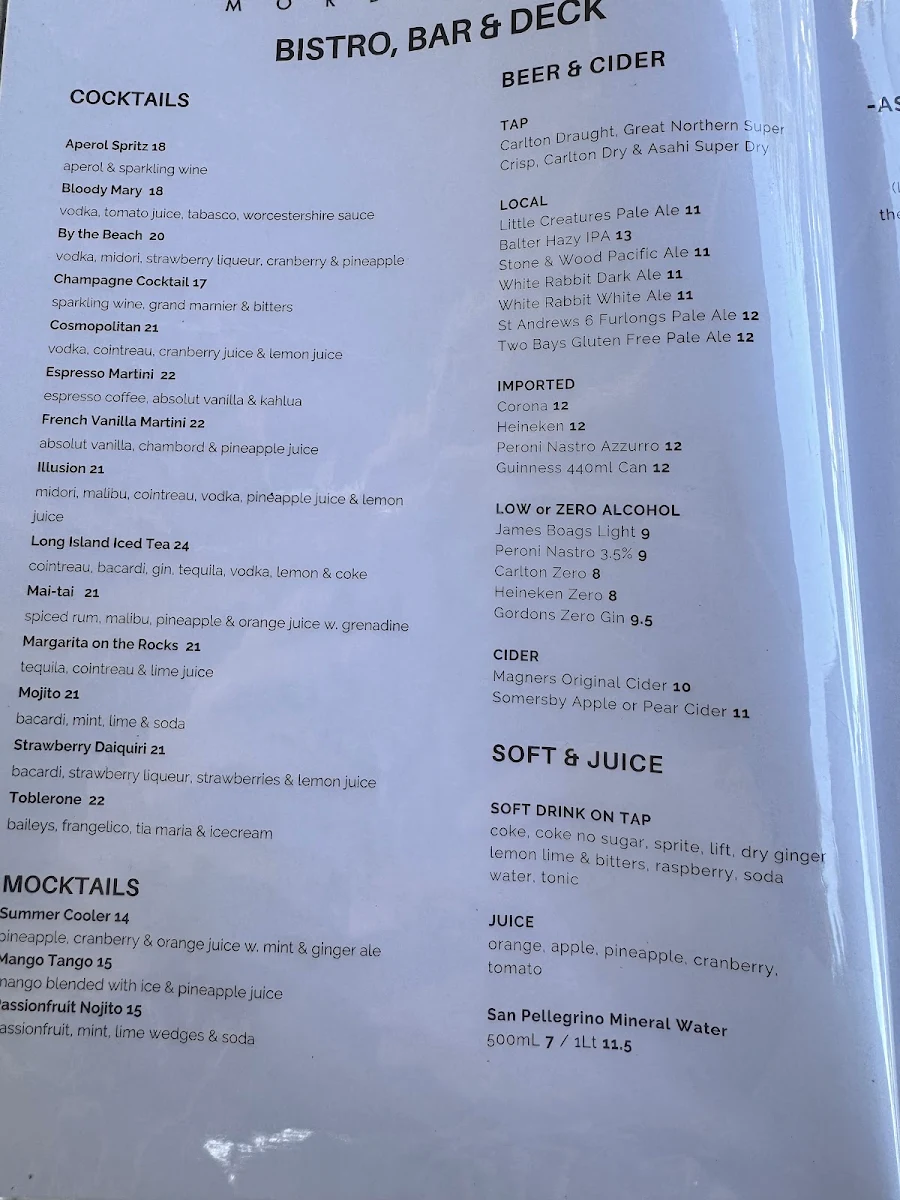 Menu, The Bridge Hotel Mordialloc