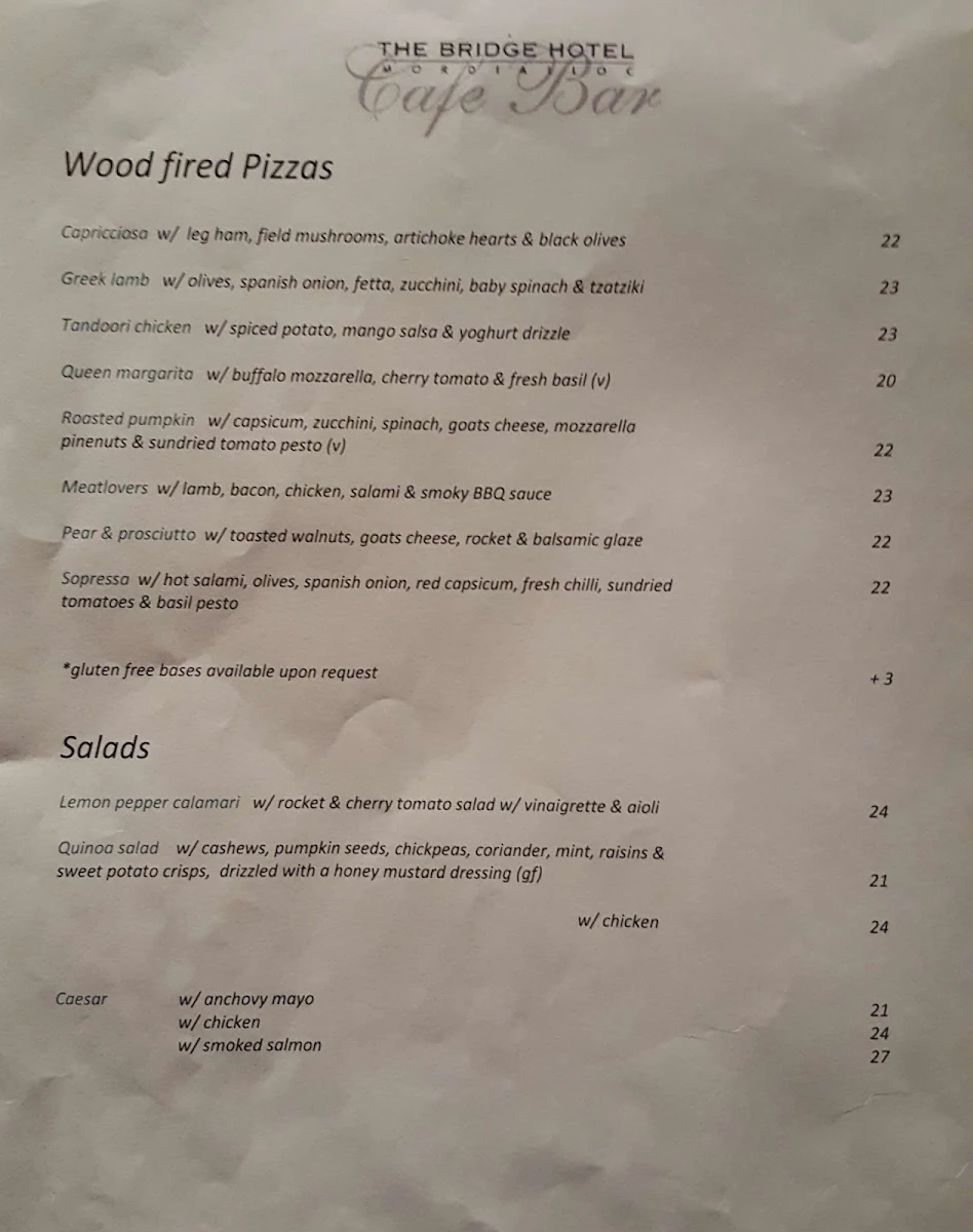 Menu, The Bridge Hotel Mordialloc