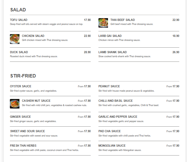 Menu, Anda Thai Restaurant