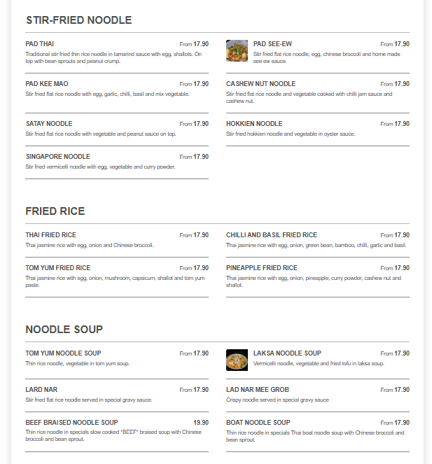 Menu, Anda Thai Restaurant