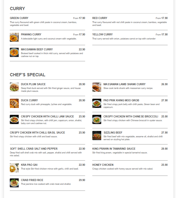 Menu, Anda Thai Restaurant