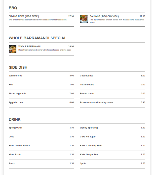 Menu, Anda Thai Restaurant