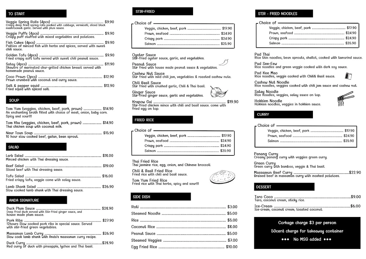 Menu, Anda Thai Restaurant