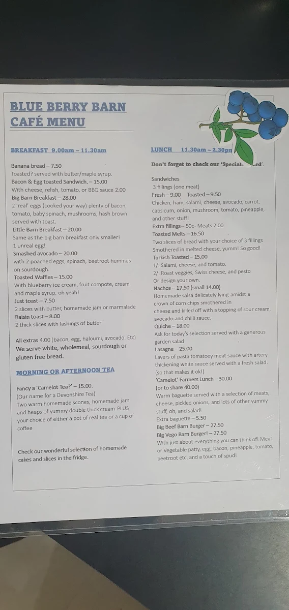 Menu, Blue Berry Barn Cafe and Post Office