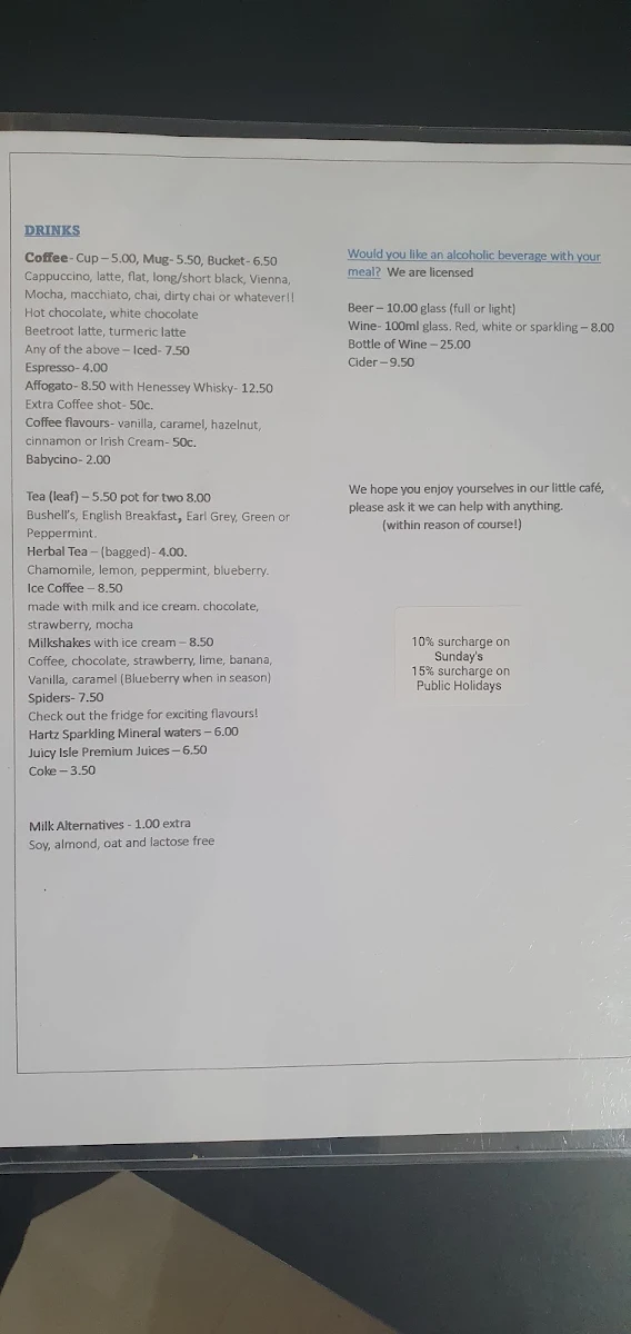 Menu, Blue Berry Barn Cafe and Post Office