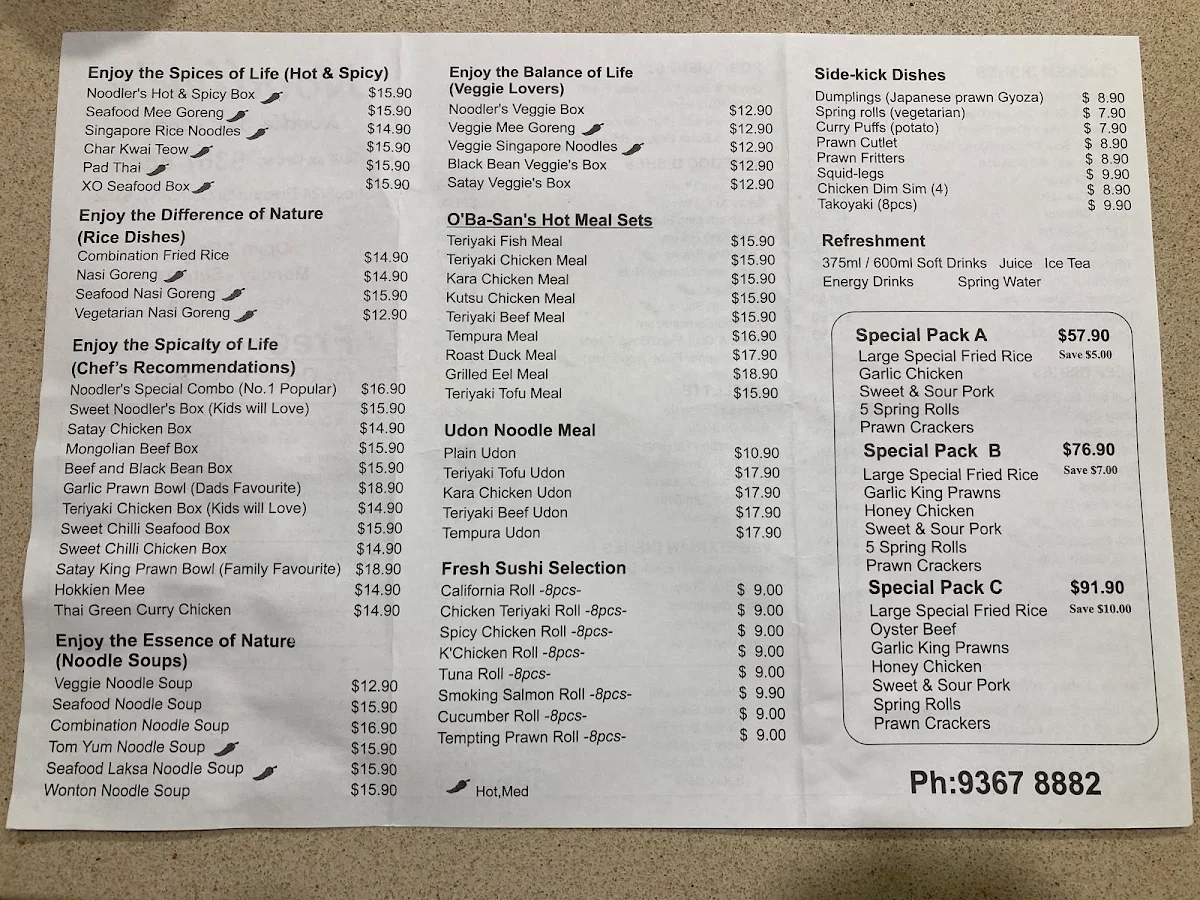 Menu, Noodler Noodles