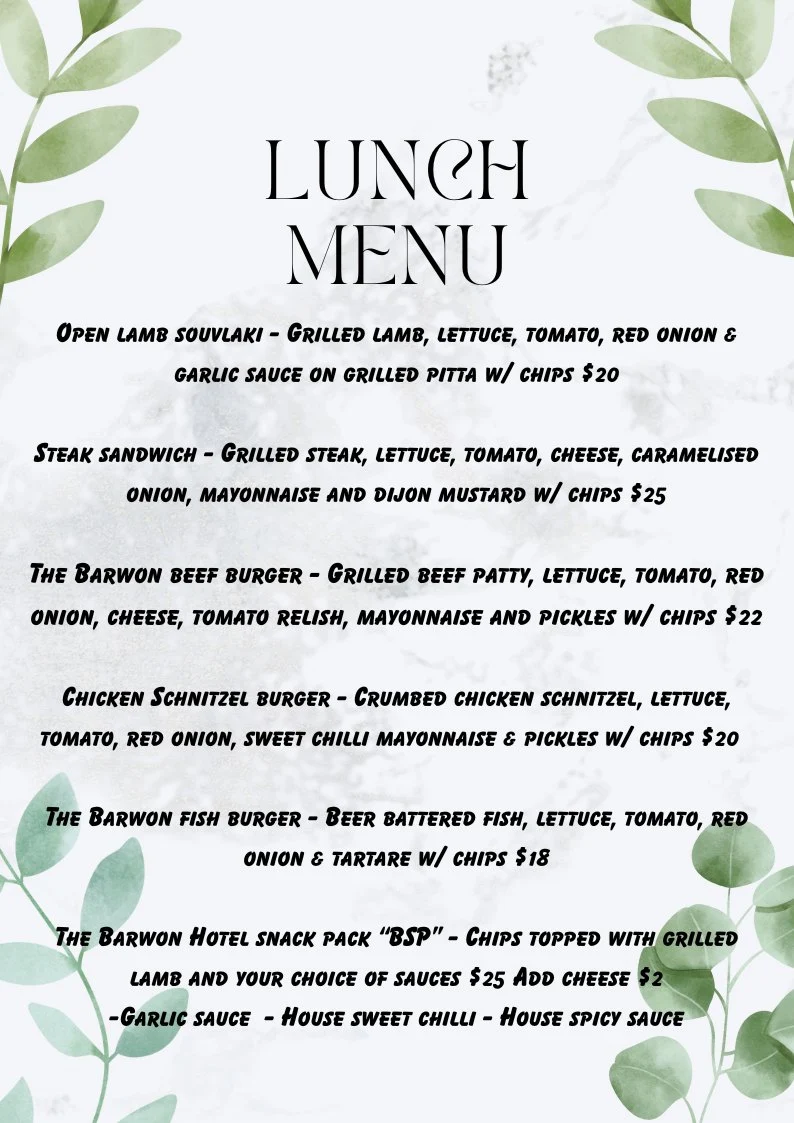 Menu, Barwon Hotel, Winchelsea