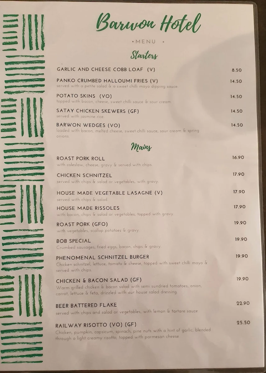 Menu, Barwon Hotel, Winchelsea
