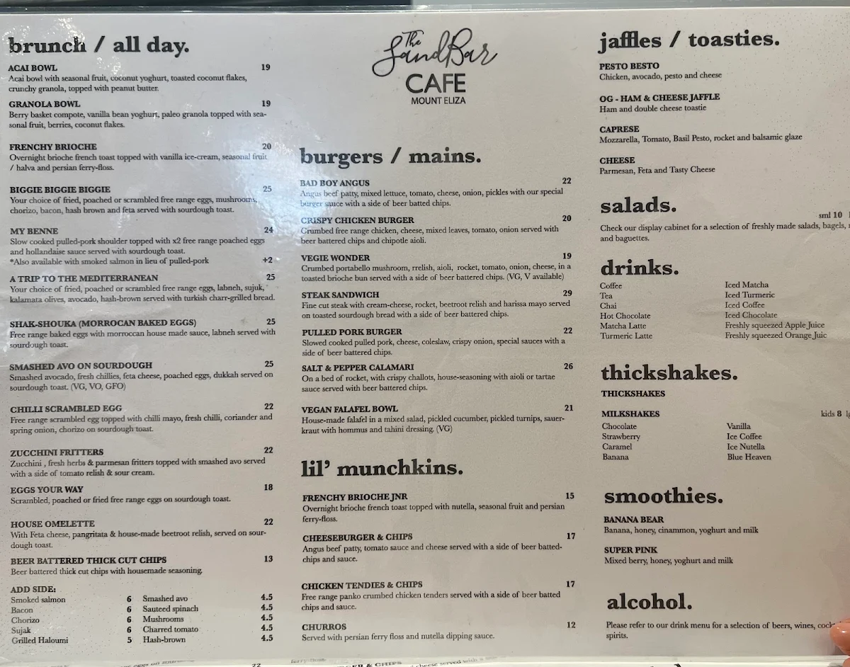 Menu, The SandBar Cafe