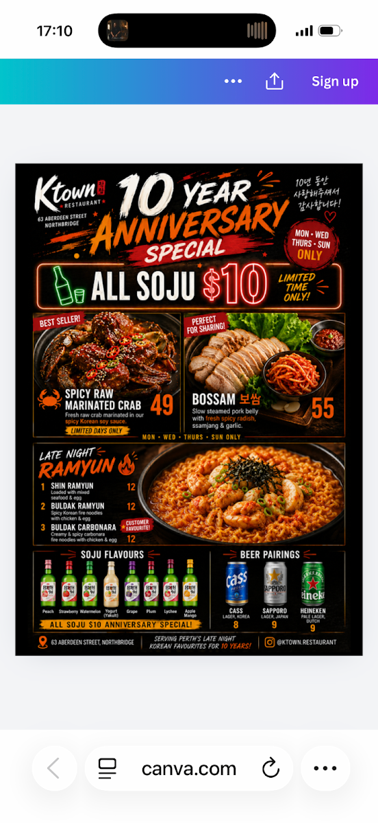 Menu, K Town Restaurant