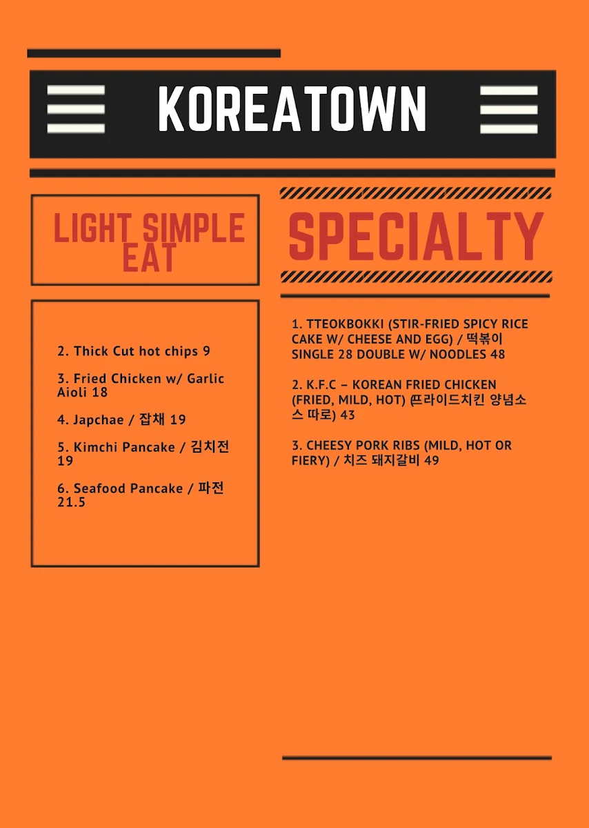 Menu, K Town Restaurant
