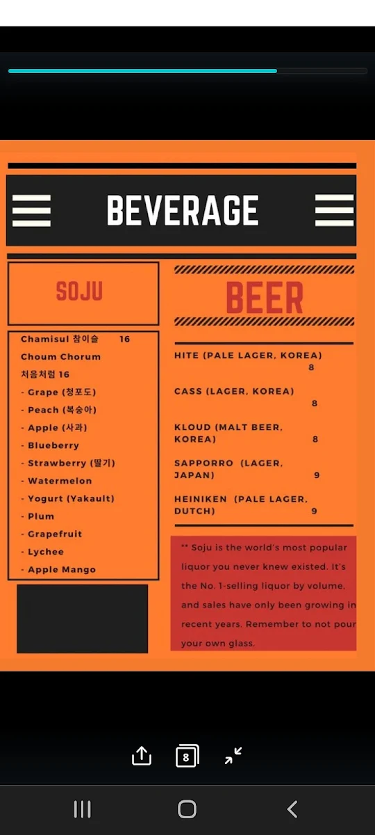 Menu, K Town Restaurant