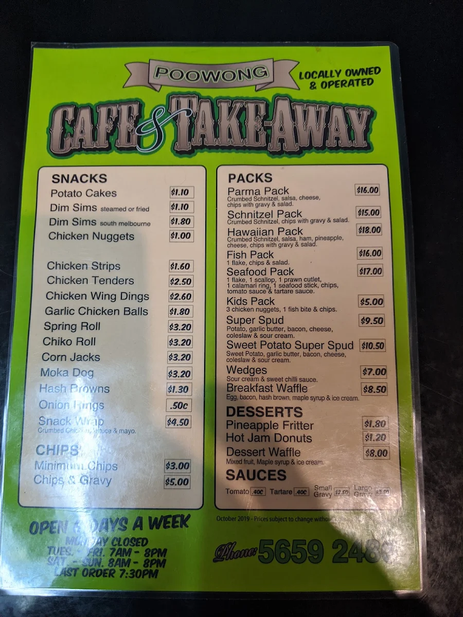 Menu, Poowong Cafe & Takeaway