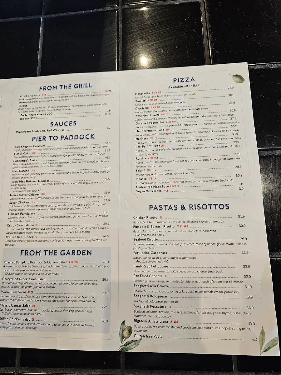 Menu, The Groove Train Chirnside Park