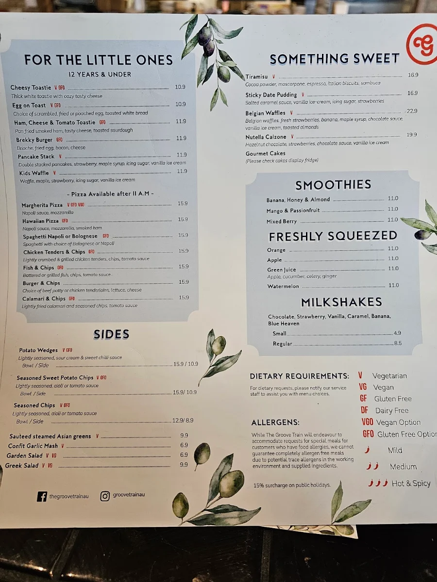 Menu, The Groove Train Chirnside Park