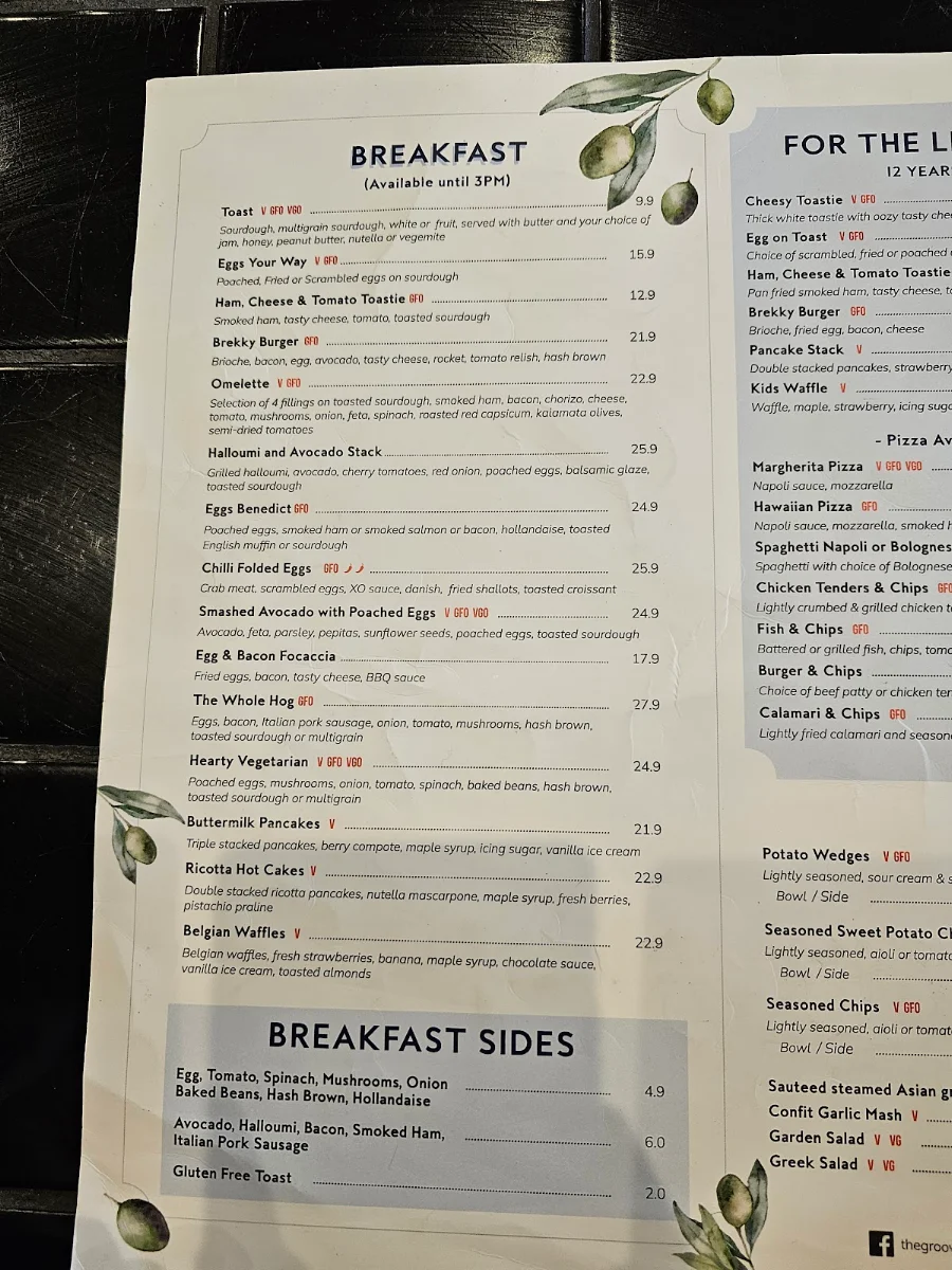 Menu, The Groove Train Chirnside Park