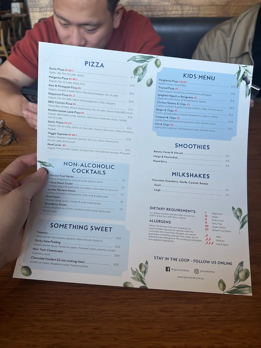 Menu, The Groove Train Chirnside Park