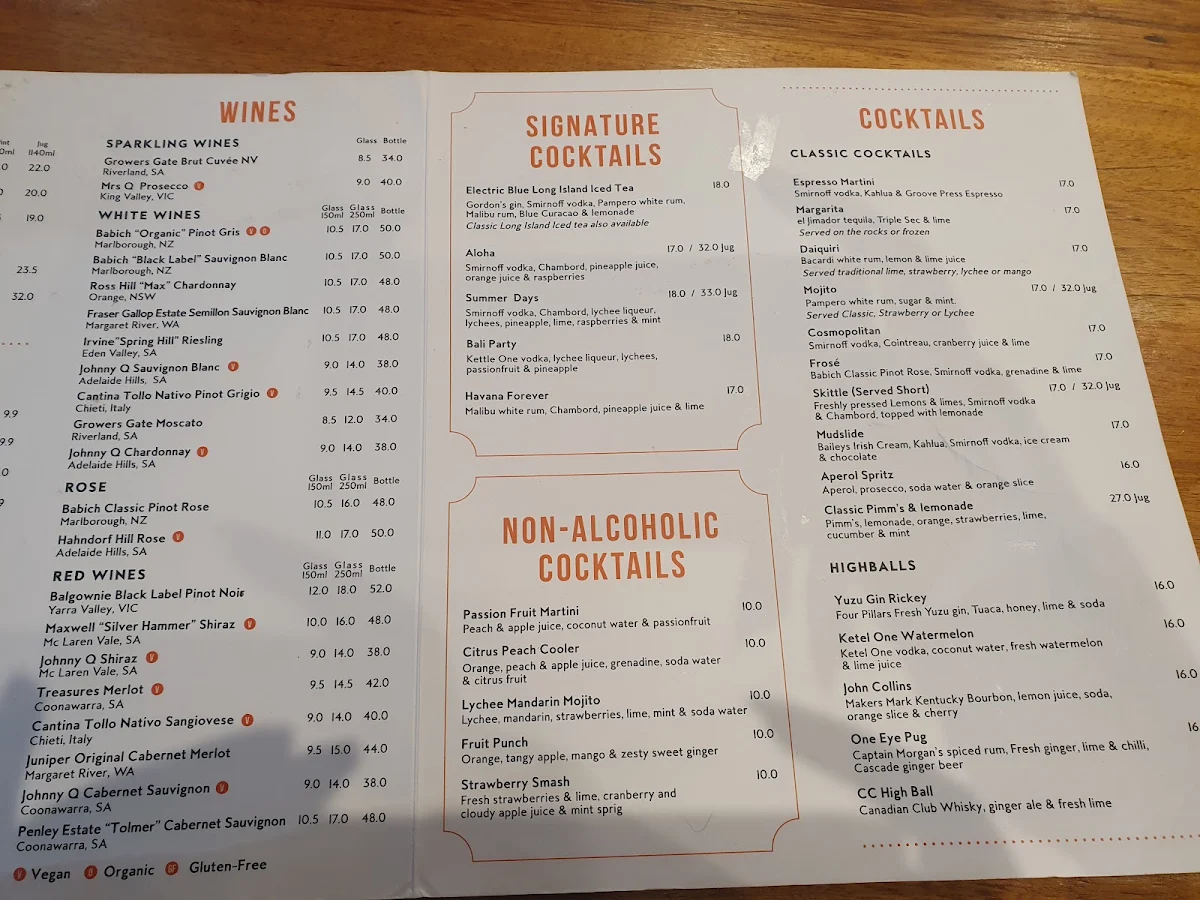 Menu, The Groove Train Chirnside Park